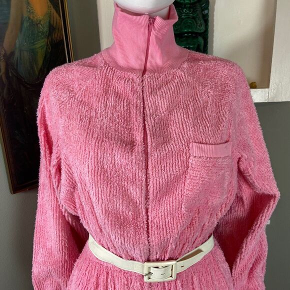 Vintage 80s 90s Bubblegum Pink Chenille Jumpsuit S/M/L Leisure Life terrycloth - Picture 6 of 15